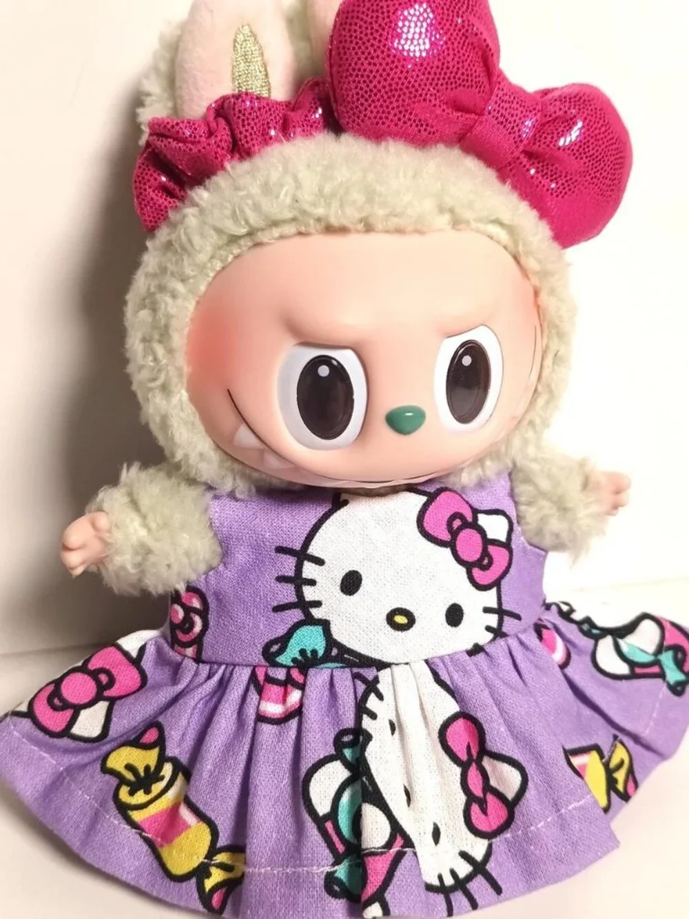 Custom Hello Kitty Dress and Metallic Bow Made to fit Labubu